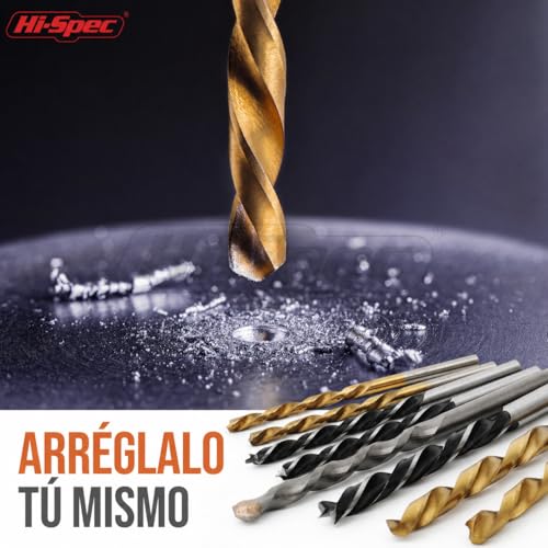 Hi-Spec Juego de Brocas Múltiples de 130 Piezas. Set Brocas de Acero Recubiertas en Titanio HSS. Para Metal, Madera y Piedra. Kit de Herramienta Esencial Para Taladros Electricos. Con Maletín