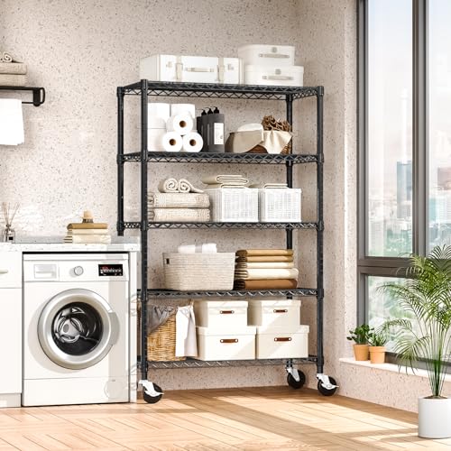M MZG Metal Shelving Unit with Lockable Wheels Heavy Load 5 Levels, up to 750 kg, Adjustable Shelves, for Garage, Workshop and Warehouse, Studio, Black, 45 x 120 x 192 cm