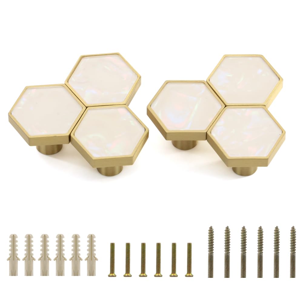 EVERGD 27mm Pure Copper Handle Shell Brass Gold Wardrobe Kitchen Cabinet Door Knobs Drawer Cupboard Hardware Pull Handle Clothes Coat Hook Modern Simple (6, Pearl White-Hexastyle)