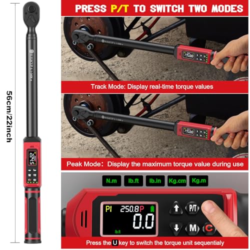 SUERCUP 1/2" Drive Digital Torque Wrench, 3.8-250.8Ft.Lb/5.1-340Nm, ±1% Accuracy, Electronic Torque Wrench with Vibration/Buzzer/LED, 9 Presets & 5 Units, for Lug Nuts, Suspension, Brakes & Moto