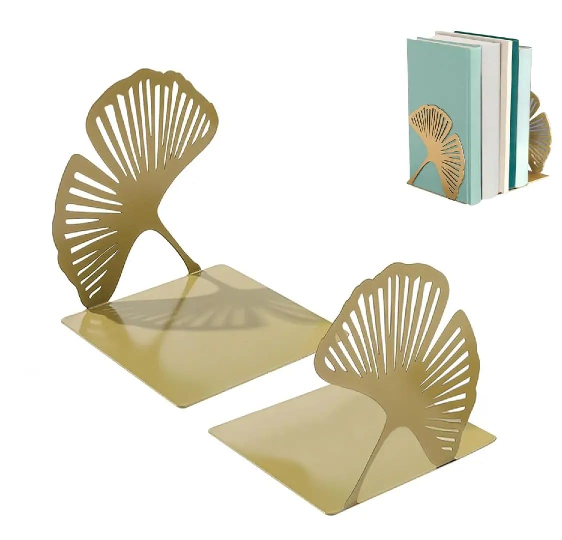 Demarsen 2 Pcs Bookends in Metal,Ginkgo Leaves Organizer Book Stopper,Anti Scratch and Non-Skid Decorative Bookends for Decor Home Office Library School Desk Gift