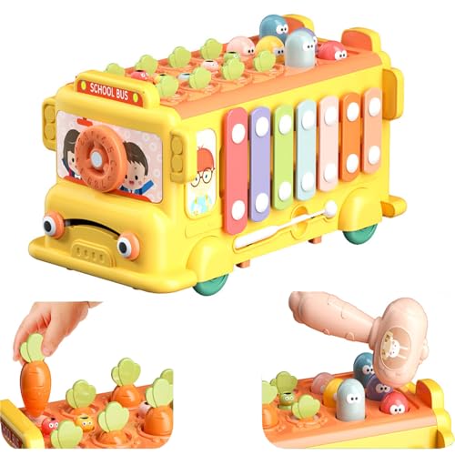 AM ANNA 12-in-1 Montessori Toy for 1-3 Year Old Baby Boys Girls - Hammering Pounding Harvest School Bus With Gears, Teaching Clock, Fishing Game and Color Matching - Gift for Kids