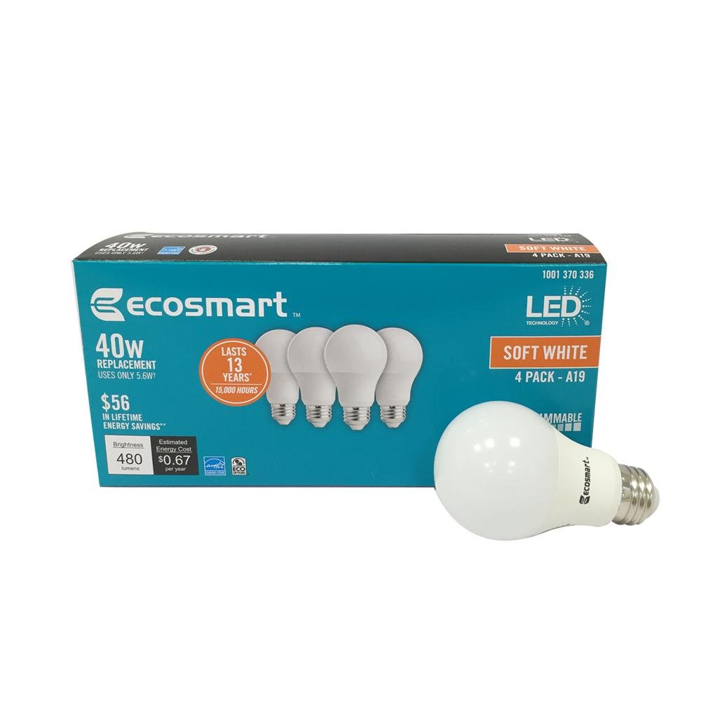 Photo 1 of (4-Pack) EcoSmart LED A19 Dimmable 40W Replacement in Soft White (15,000 Hours, 2700K, 5.6W, Energy Star, E26)