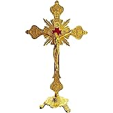 Standing Crucifix with Base 10" Tabletop Metal Catholic Jesus Crucifix Antique Gold Cross for Home Chapel Decoration Religiou