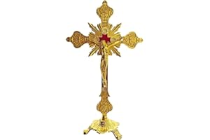 Standing Crucifix with Base 10" Tabletop Metal Catholic Jesus Crucifix Antique Gold Cross for Home Chapel Decoration Religiou