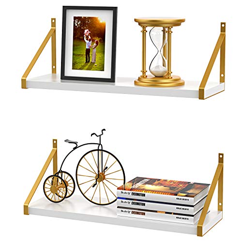 STORAGEGEAR White Floating Shelves with Modern Stylish Golden Metal