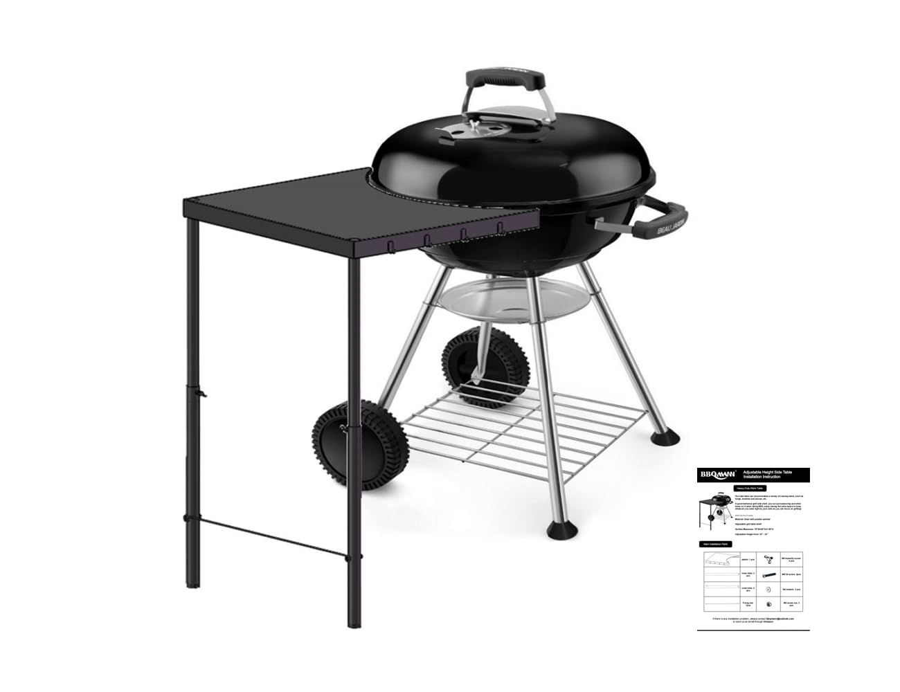 Photo 1 of BBQMANN Side Table for 18", 22" Weber Kettle Grill, Heavy Duty Portable Side Shelf for Charcoal Kettle Grill, Outdoor Barbecue Worktop with Adjustable Leg