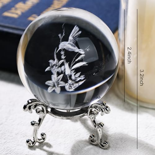 FUTUREPLUSX Crystal Ball with Stand, 3D Hummingbird Crystal Ball Glass Sphere for Home Weeding Decor 2.4\