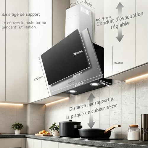 Soonye Inclined Extractor Hood 60 cm Class A+++, Kitchen Hood 370m³/h, Black Frosted Glass, Charcoal Filters Included, Wall Hood for Evacuation or Recycling