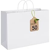 MESHA 16x6x12'' White Kraft Paper Bags With Handles,50 Pack Large Gift Bags Bulk Bulk Reusable for Business,Retail,Birthday,Wedding,Party,Favor,Merchandise,Grocery Shopping Bag