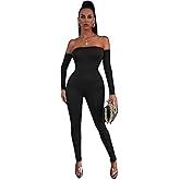 WDIRARA Women's Off The Shoulder Long Sleeve Bodycon Jumpsuit Skinny Long Pants