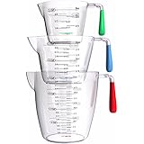 Vremi 3 Piece Plastic Measuring Cups Set - BPA Free Liquid Nesting Stackable Measuring Cups with Spout and Decorative Red Blue and Green Handles - includes 1, 2 and 4 Cup with Ml and Oz Measurement
