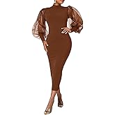 Ekaliy Women's See Through Bodycon Dress Sheer Mesh Long Puff Lantern Sleeve Dress Sexy Club Party Midi Dress Clubwear