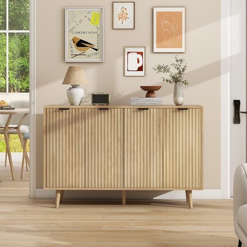 LYNCOHOME Fluted Sideboard Cabinet, Buffet Cabinet with 4 Doors, Kitchen Storage Cabinet with Solid Wood Feet for Kitchen, Dining Room, Hallway, Nature