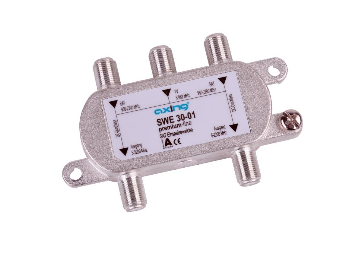 Axing SWE 30-01 SAT / terrestrial combiner 3-way for Twin-LNB (DC pass to LNB) for injection of FM Freeview DVB-T to satellite signal