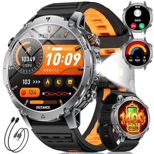 SUNKTA Smart Watch for Men 1400 mAh Battery 1.7 Inch HD Calls Bluetooth Military Smartwatch 100+ Sports and Fitness Modes with iOS and Android, Health Monitor, Sleep, Pedometer, Black