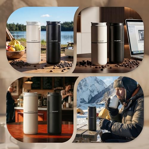HAUSHOF Portable Cordless Electric Coffee Grinder with Double Thermal Cup 700ml, 5 Adjustable Grinding Levels, All-in-One Pour Coffee Maker for Camping, Outdoor Travel, RV and Office