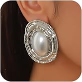 Chunky Large Pearl Statement Earrings for Women Exaggerated Big Geometric Oval Pearls Dangle Earring Two Tone Silver Costume Outfit Jewelry Accessories