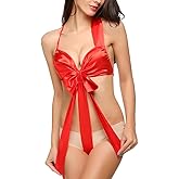 NewBull Satin Lingerie for Women Babydoll Unwrap Me Red Bowknot Teddy One Piece Bodysuit Halterneck Nightwear Big Bow Gift Sleepwear for Ladies Valentine's Day Christmas Outfit