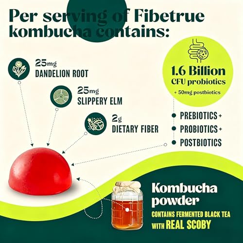 Fibetrue Women’s Probiotic Kombucha Gummies for Gut Health & pH Balance – Prebiotic, Probiotic & Fibre Supplement– Digestive & Immune Support –Slippery Elm,Dandelion Root – 60 Gummies