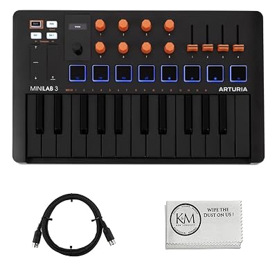 Arturia MiniLab 3 Compact MIDI Keyboard and Pad Controller | Orange Bundle with 6ft MIDI Cable + Microfiber Cleaning Cloth (3 Item)