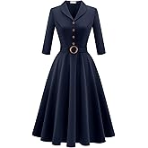 Bbonlinedress Women Long Sleeve Vintage Cocktail Dress Work Party Formal 1950s Retro Fit and Flare Modest Church Dress