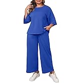 Beautife Womens Plus Size 2 Piece Outfits 3/4 Sleeve Tops and Wide Leg Pants Loungewear Pajamas Sets