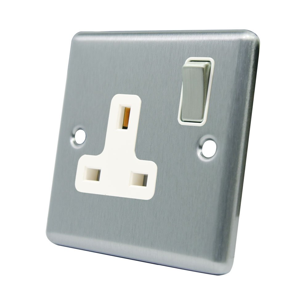 AET CSC1GSOCWS 13 A 1-Gang Satin Finish Chrome Classical Single Plug Socket with White Insert Metal Rocker Switch