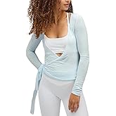 Foidiccx Y2k Ballet Wrap Top Women Sexy Long Sleeve Low Deep V Neck Crop T Shirt Tie Up Yoga Workout Tee Blouse