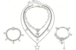 Inactwin Star Y2k Silver Necklace Grunge Layered Necklace Cute Aesthetic Stack Toggle Chain Necklaces Gothic Vintage Emo Jewe