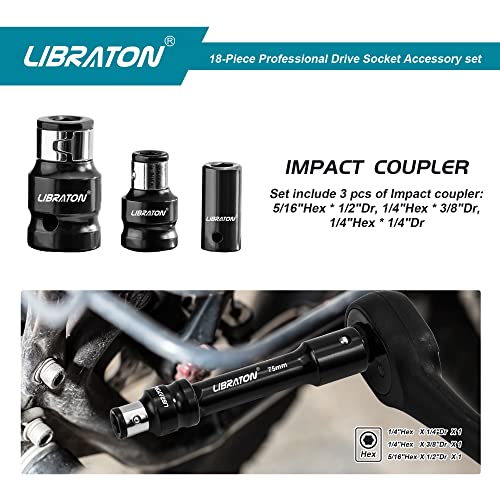 LIBRATON Ratchet Extension Set, Adapters and Sockets, 18PCS Socket Wrench Extensions, Reducers and Gimbals, Square Adapter to Hex 1/4 3/8 1/2