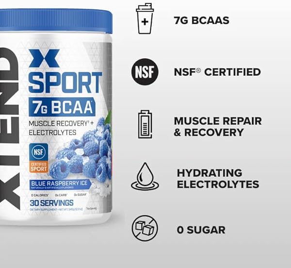 XTEND SPORT BCAA POWDER BLUE RASPBERRY ICE – ELECTROLYTE POWDER FOR RECOVERY & HYDRATION WITH AMINO ACIDS – 30 SERVINGS