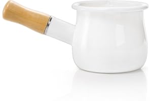 DEAYOU Enamel Milk Pot, 0.6 Quart Mini Butter Warmer Saucepan with Insulated Wooden Handle and Dual Pour Spout, Nonstick Smal