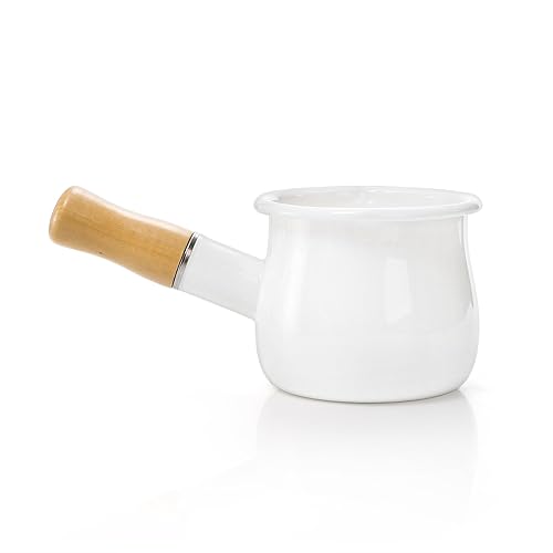 DEAYOU Enamel Milk Pot, 530ml/18oz Mini Butter Warmer Saucepan with Insulated Wooden Handle and Dual Pour Spout, Nonstick Small Soup Pot for Stove Top, Home, Kitchen, Cooking, Heating, Boiling,