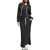 EXLURA Women 2 Piece Outfits Fall Airport Long Sleeve Hoodies Matching Long Skirt Dress Sweatsuits Lounge Sets Winter 2026