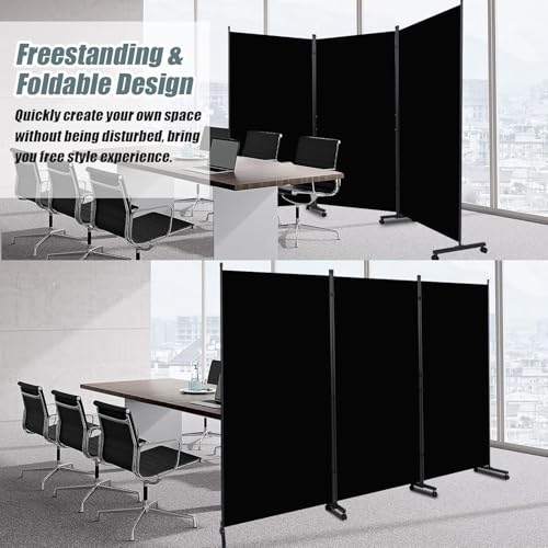 Room Divider Folding Privacy Screens with Wheels, 6FT Tall Divider for Room Separation, 3 Panel Movable Room Partitons, Indoor Room Dividers Panel with Non-See Through Fabric for Office (Black)