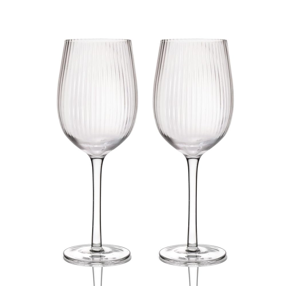 BarCraft Ribbed Wine Glasses, Set of 2 Large Patterned Glasses in Gift Box, 450ml