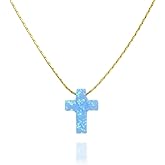 Tooliks Opal Cross Choker Necklace – Thin Chain, Gold Filled or Silver, Blue or White, 13.5–16.5”