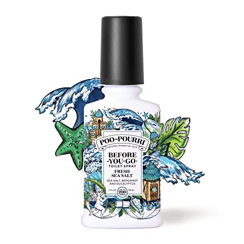 POO-POURRI BEFORE-YOU-GO TOILET SPRAY, FRESH SEA SALT, 4 FL OZ, UP TO 200 USES, BATHROOM ODOR DEODORIZER, PLANT-BASED WITH ESSENTIAL OILS, FOR HOME OR WORK, SEA SALT, BERGAMOT & EUCALYPTUS SCENT