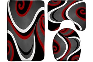 ZKJSMGS Geometric 3 Piece Bath Mat Sets,Red Grey Black White Geometry Stripe Abstract Wave Mid Century Modern Geo Contemporary 16"x24"Bath Rug,Toilet Seat Cover, U-Shaped Toilet