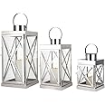 TRIROCKS Silver Stainless Steel Lantern Set of 3-Square Elegance 8/12/16 Inch Opulent Metal Candle Lanterns Candle Holder with Tempered Glass for Home Garden Indoor Outdoor Decor Celebratory Everyday