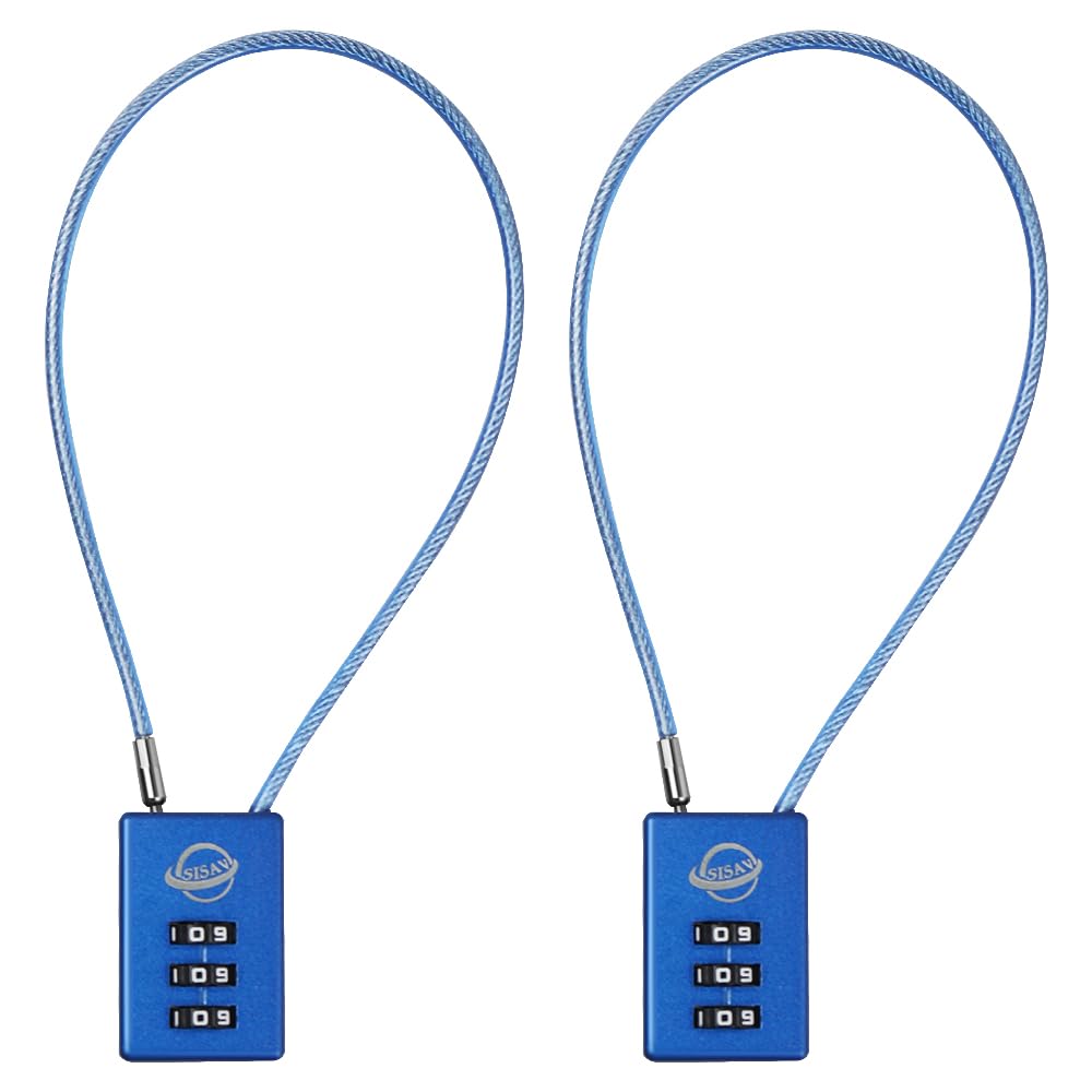 SISAV 3 Digit Cable Combination Lock 12 inches Cable for School Gym Locker,Filing Cabinets,Helmet,Toolbox,Luggage Suitcase,knapsack,Blue 2Pack