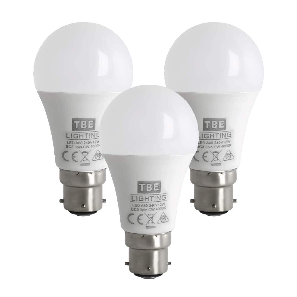 TBE LIGHTING BC3 3 PIN LED Bulbs - 3 Pack - 12w Non-DIMMABLE Energy Saving LED A60 Bulb - Cool White 4000K, 1100 Lumen Output, 20,000Hrs Life Expectancy