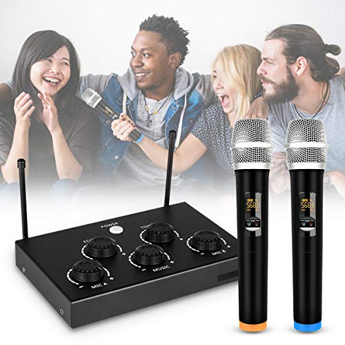 Portable Karaoke Microphone Mixer System Set with Dual UHF Wireless Mic