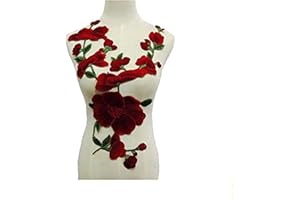 FEEPOP 1 Set Lotus Flower Embroidery Applique Patches Sew on Pacthes Lace Fabric Motif Clothes Decorated DIY Sewing Supplies (red)