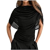 WFHFNJW Women Y2k Half Cape Sleeve Ruched Blouse Trendy Slim Fit Draped Boat Neck Mesh Patchwork Cinched Waist Pullover