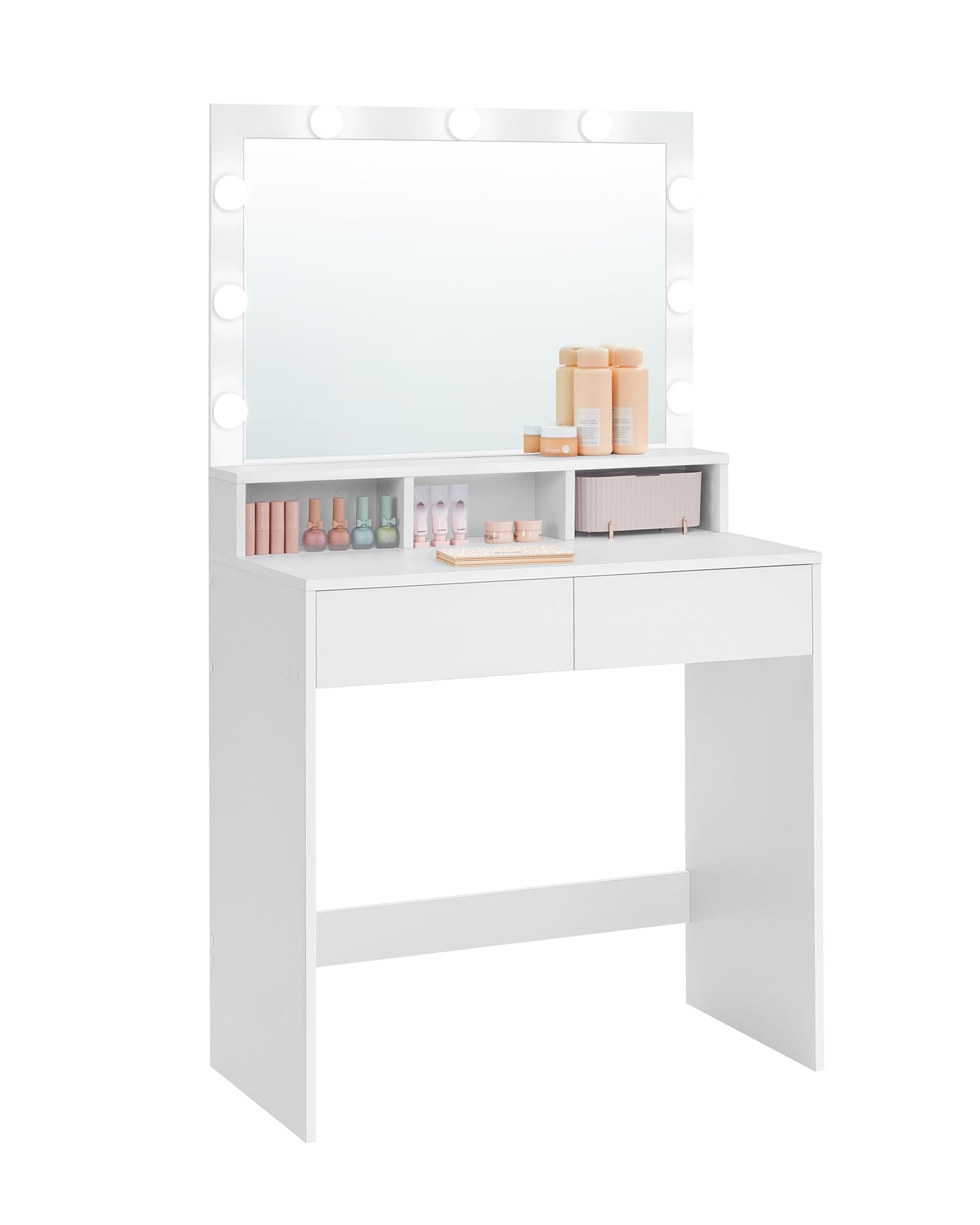 Photo 1 of {For Parts only] VASAGLE Vanity Desk with Mirror and Lights, Makeup Vanity with Large Mirror, LED Lights with Adjustable Brightness, Vanity Table, 2 Drawers, 3 Compartments, Modern Makeup Desk, Cloud White URDT120T14