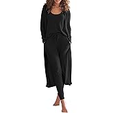 Eurivicy Womens Lounge Set Waffle Knit 3 Piece Pajama Sets Tank Tops Loose Pants with Long Cardigan Loungewear 2025