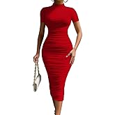 LAGSHIAN Women's Elegant Bodycon High Neck Short Sleeve Ruched Midi Cocktail Dress