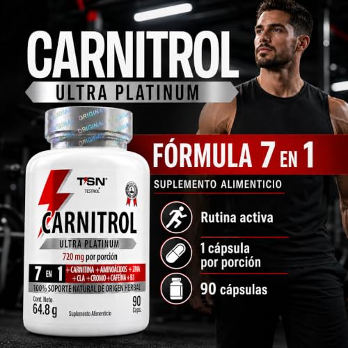 CARNITROL | PreEntreno 7 en 1 para Energía y Enfoque – 220 mg Cafeína por cápsula más L-Carnitina, ZMA, CLA, Picolinato de Cromo, B1 y D-TOX plus | TSN Testrol